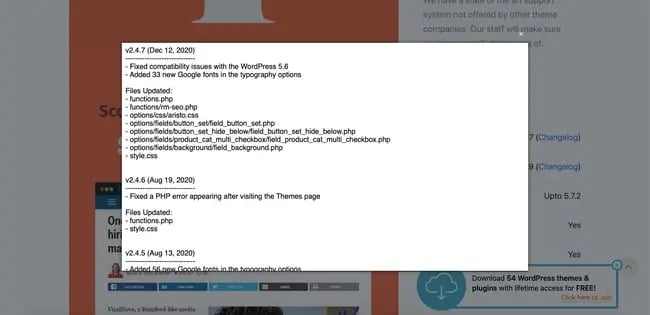 SociallyVirals changelog noting that the updated theme version has resolved compatibility issues with the 5.6 version of WordPress