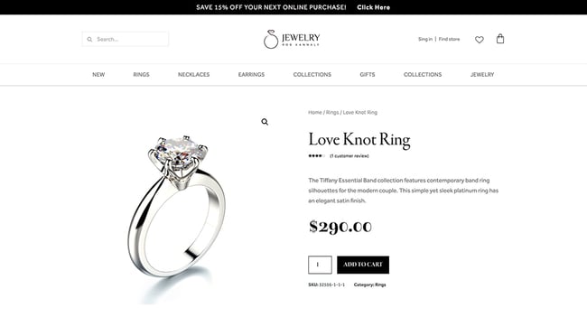  elementor wordpress: How to use Elementor with WordPress  Product page example built with Elementor and containing the image of a ring and the heading "Love Knot Ring"