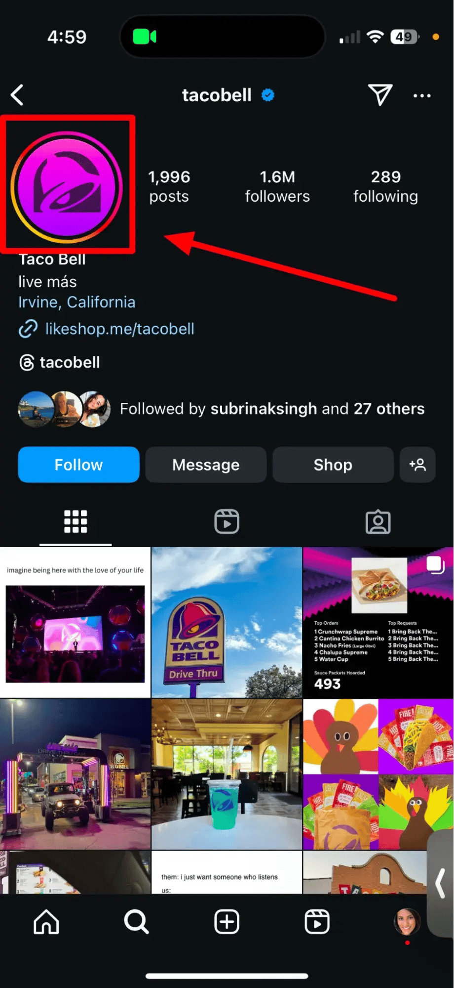 screenshot showing taco bells instagram account with a story to be viewed