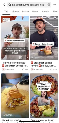 Top search results when searching breakfast burrito santa monica on TikTok.