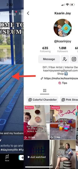 Swiping left from a video to the creators profile.
