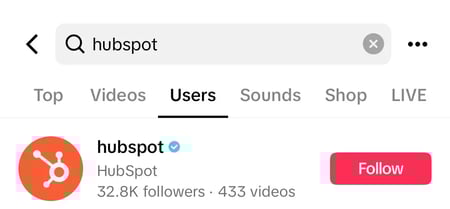 : Searching hubspot in the Users search bar to discover and follow ̽ѡ on TikTok.