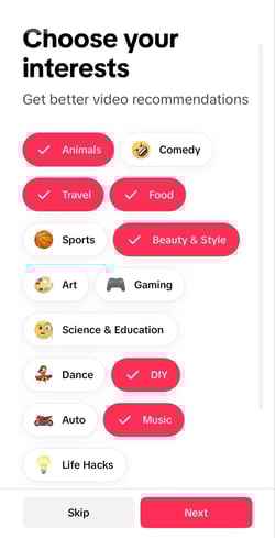 Choose your interests screen on which you can select video topics of interest.