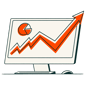 computer screen with pie chart and arrow trending upwards