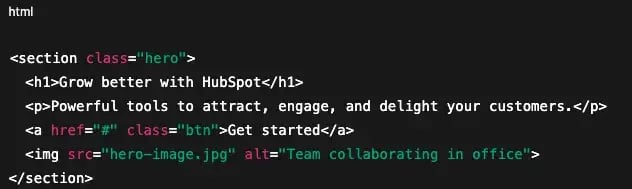 html for hero image, add content