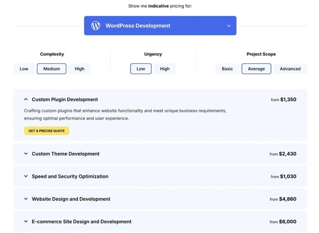 htmlburgers estimated pricing for wordpress web design and other services