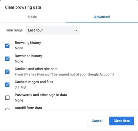 clearing browsing data and cache