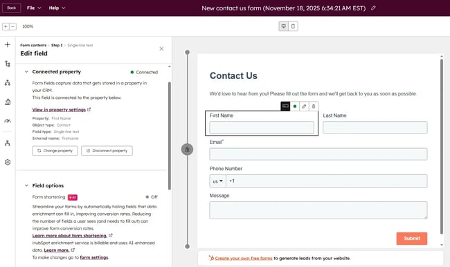 hubspot contact form customization options
