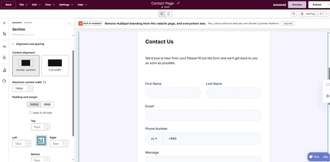 hubspot contact form integrated in hubspot page