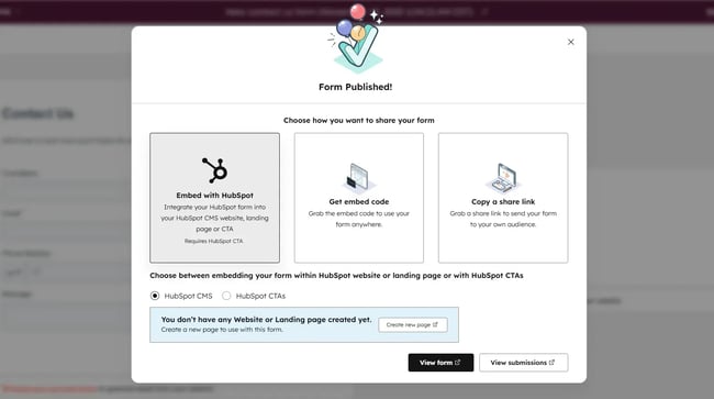 hubspot contact form published successfully