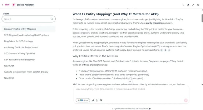 hubspot content hub ai content creation, aeo cms