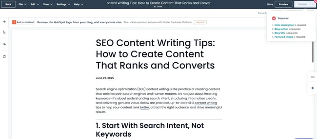 hubspot content hub blog editor, website content writing]