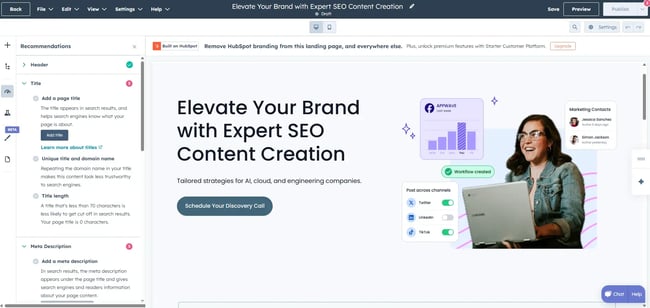 hubspot content hub landing page editor, ai website optimization