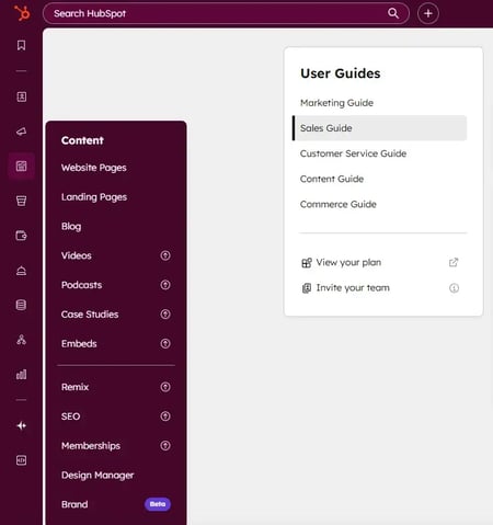 hubspot content menu options for creating a contact page