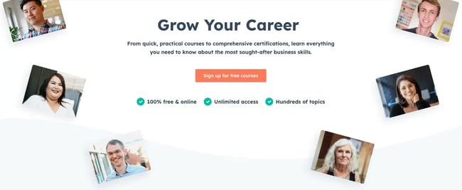 hubspot grow your career page to sign up for free courses, customer service training program