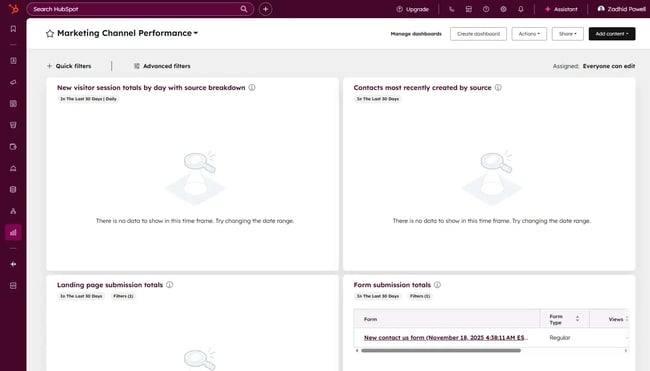 hubspot marketing dashboard with new theme