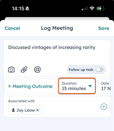 hubspot mobile crm activity logging screen showing a logged meeting with duration, date, and associated contact
