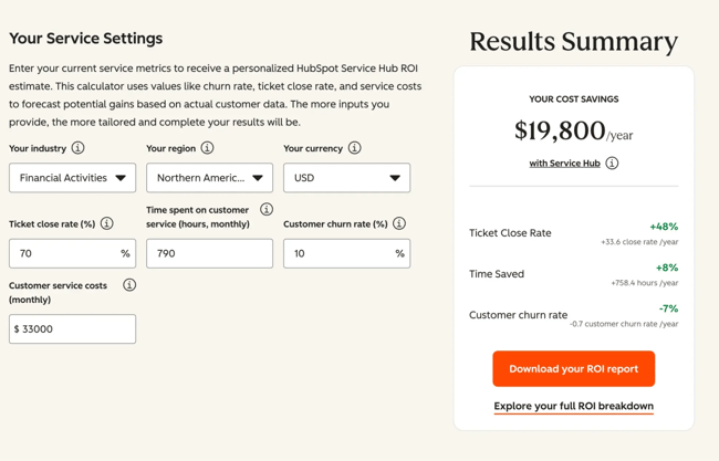hubspot service hub roi calculator in action �� estimate your roi for conversational customer service.