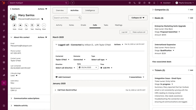 hubspot service hub ticketing interface with customer activity profile