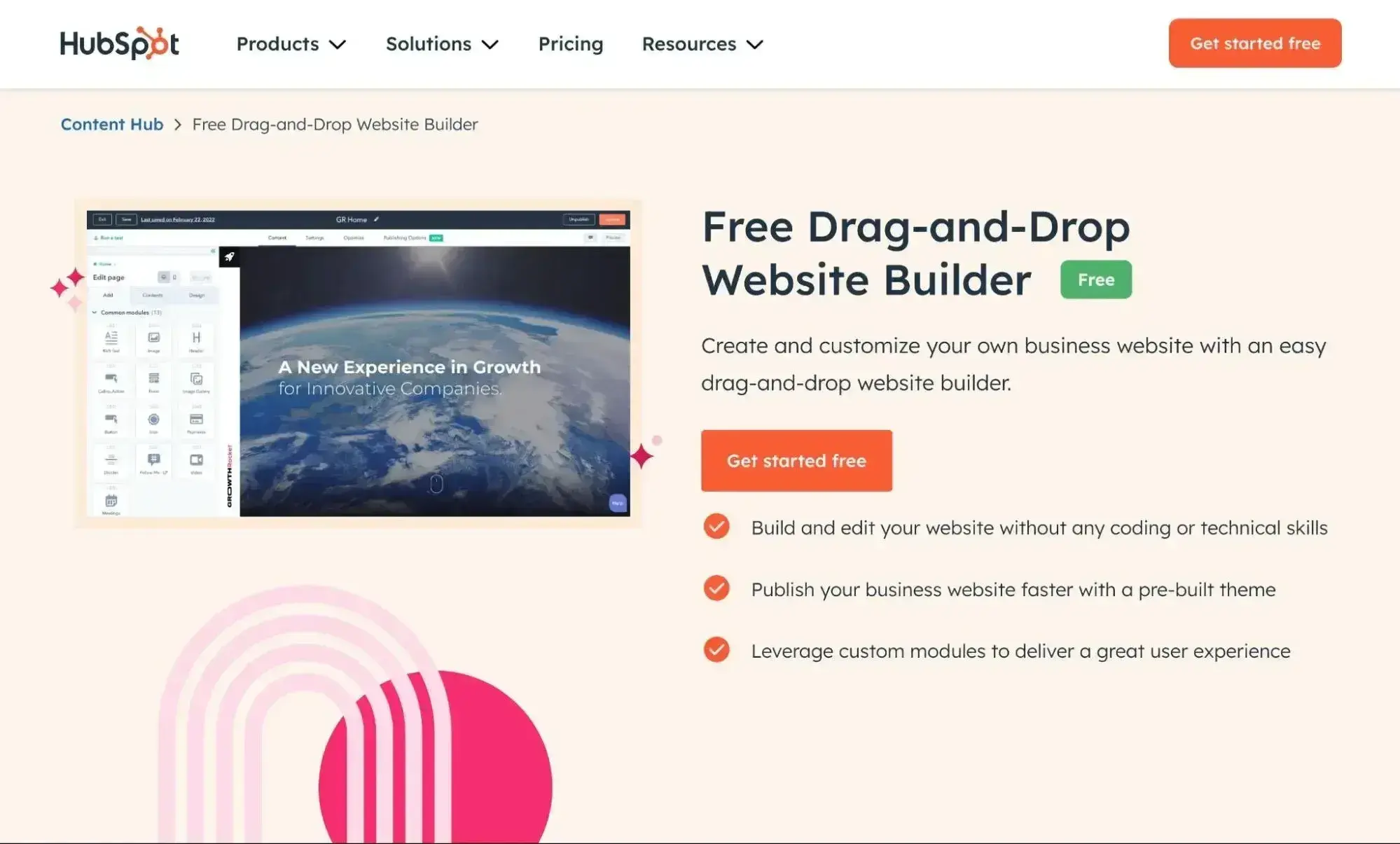 hubspot website builder, drag and drop page builder