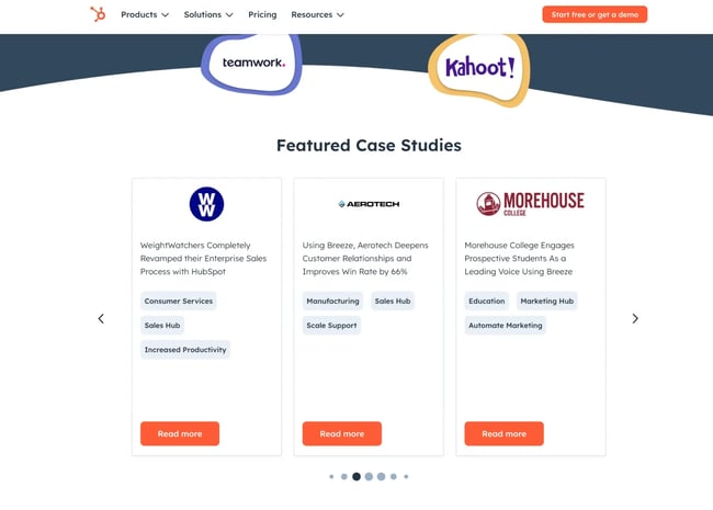 hubspots featured case studies, testimonial page examples
