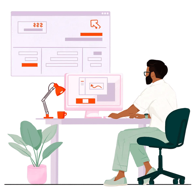 Illustration einer Person am Schreibtisch, die eine CRM-Software-Oberfläche auf dem Bildschirm bearbeitet, stellvertretend für die digitale Verwaltung von Studierenden und Bewerbungen in Bildungseinrichtungen