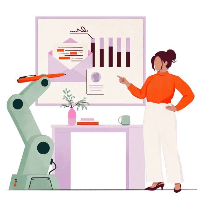 Illustration einer Unternehmerin, die mit CRM-Software für kleine Unternehmen E-Mail-Automatisierung, Kontaktmanagement und Vertriebsanalysen verwaltet.