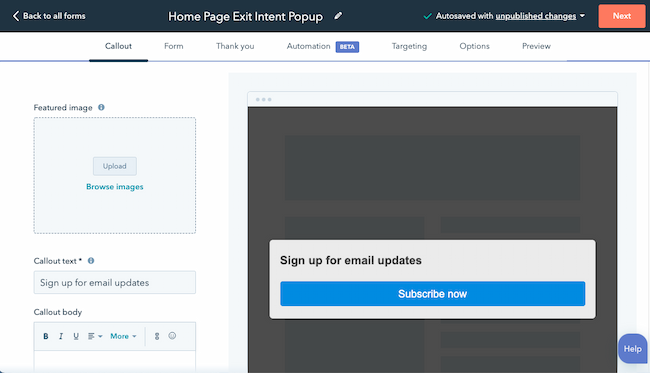 Exit intent popup form in the ̽ѡ dashboard.