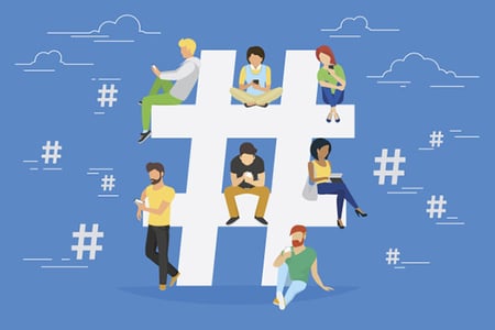 Illustration Menschen mit Smartphones sitzen auf Hashtag