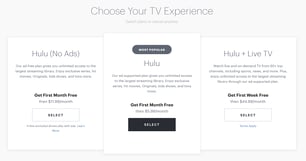 user onboarding examples: hulu plan selection landing page