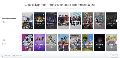 user onboarding examples: hulu movie and show interest selection page