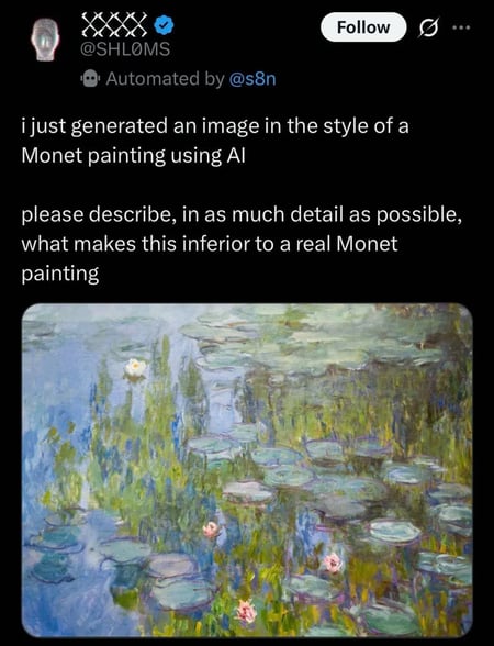 i just generated an image in the style of a monet painting using ai please describe, in as much detail as possible, what makes this inferior to a real monet painting