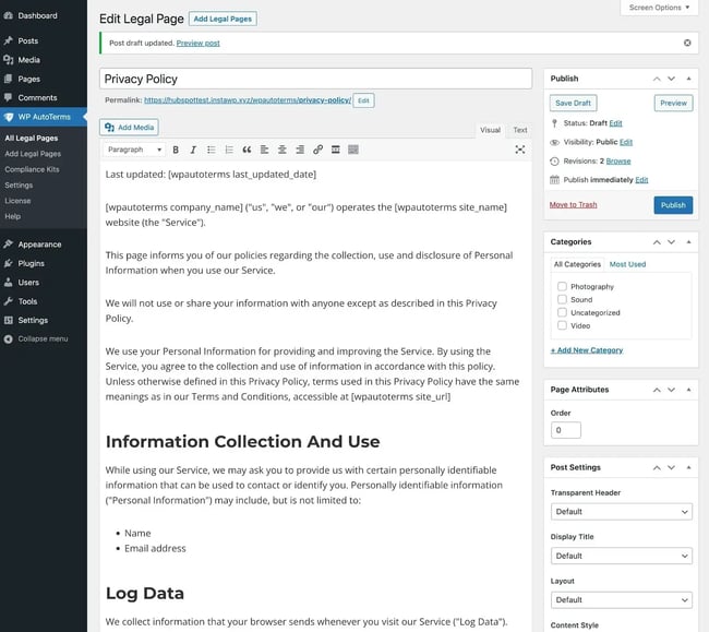 How to add a privacy policy to WordPress site, alternative method with a plugin.