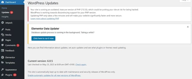 How to update wordpress, check your wordpress version using admin dashboard