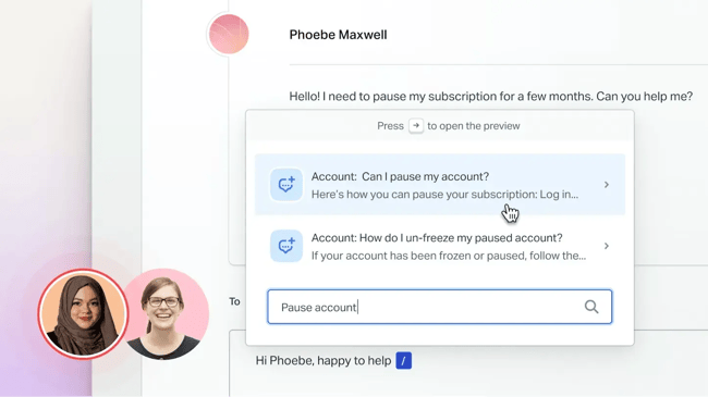 image from csm platform, help scout, showing how to respond with ready-to-use messages