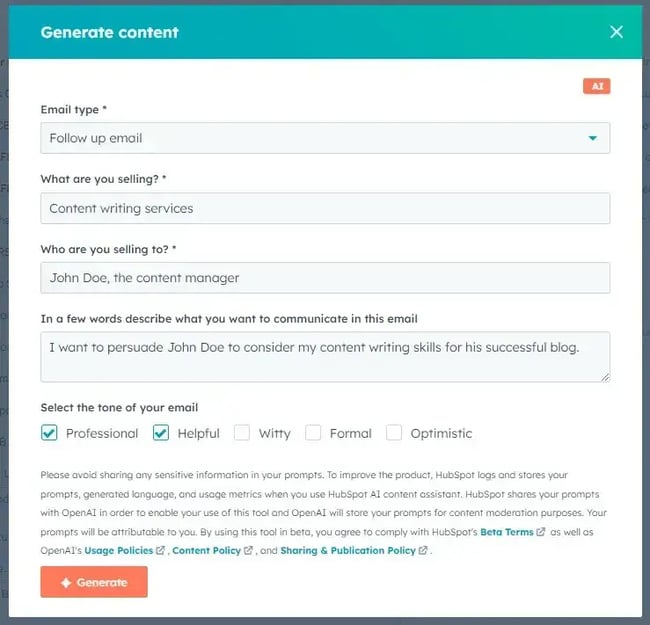 image showing content generation with hubspot generative ai crm