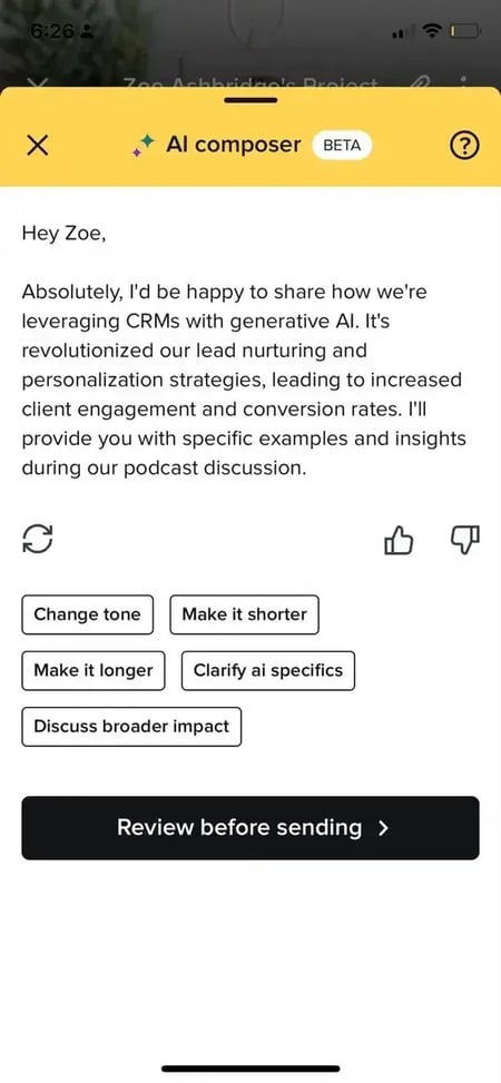 image showing draft generated by honeybook generative ai crm