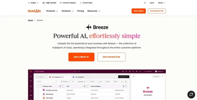 image showing the interface of breeze, hubspot��s ai tool.