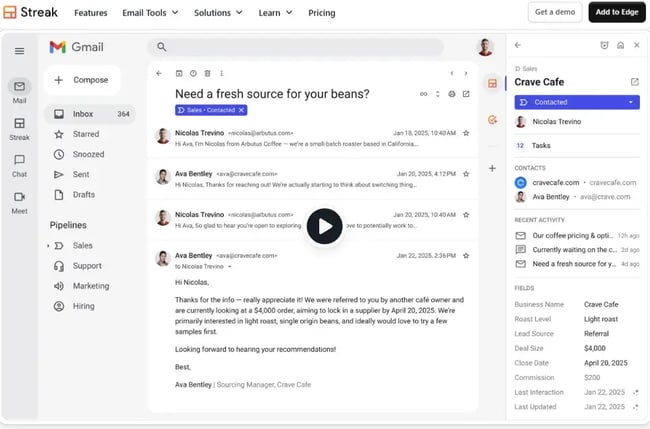 image showing the interface of streak crm