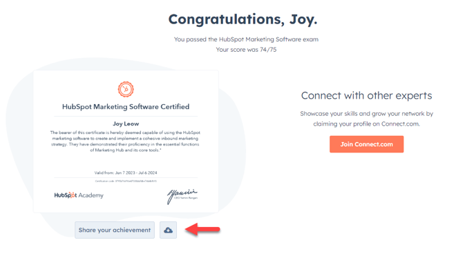 captura de pantalla que muestra los botones Descargar y Comparte tus logros en una certificación de HubSpot Academy