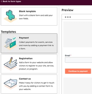HubSpotのフォーム作成画面で[支払いテンプレート]オプションが強調表示されている画面