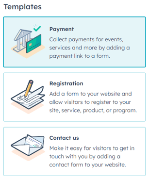 HubSpot form creation interface with the Payment template option highlighted.