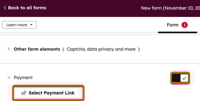 [支払い]スイッチがオンに切り替わった状態で[支払いリンクを選択]ボタンが表示されたHubSpotフォームエディター