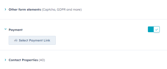 HubSpot form editor showing the Payment switch toggled on and the 'Select Payment Link' button.