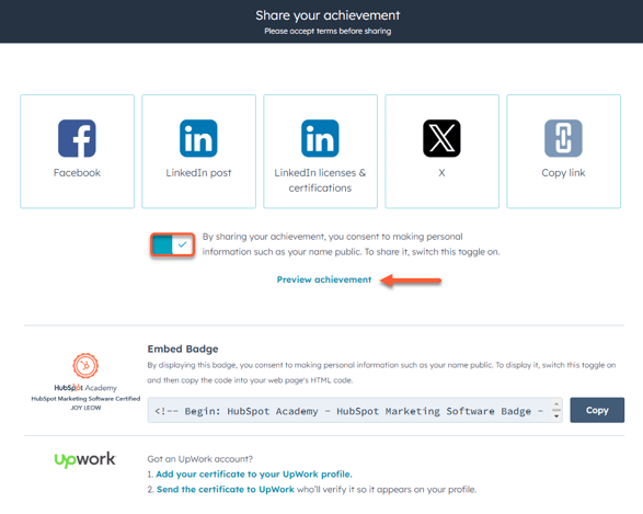 captura de pantalla que muestra la página Comparte tu logro para una certificación de HubSpot Academy