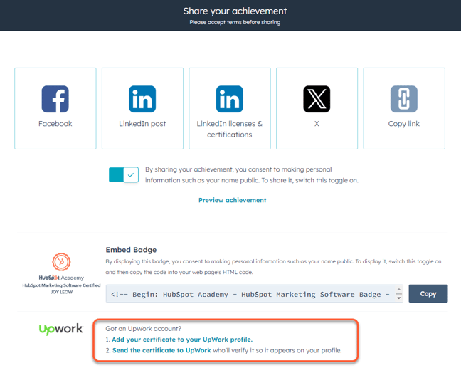 captura de pantalla que muestra la opción de agregar un certificado de HubSpot Academy a un perfil de UpWork. 