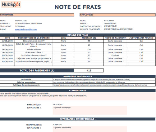 Modèle de note de frais