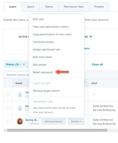 Screenshot showing the Reset password option in HubSpot to reset the password for another user