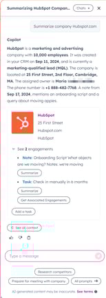 A HubSpot Copilot chat interface summarizing the HubSpot company profile, displaying details like employee count, address, assigned owner, contact info, and recent engagements.