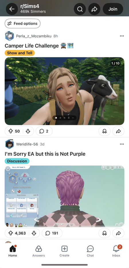 a screenshot of the sims 4 subreddit, showcasing what this looks like for reddit marketers